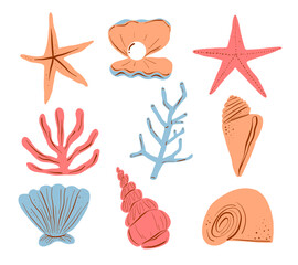 Hand Drawn Starfish Shell Coral Sea Icon. A collection of 9 hand drawn sea elements featuring starfish shells pearls and coral. Perfect for beach designs and ocean themed graphics