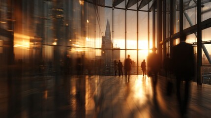 Plakat Blurred People in a Modern Building with City View at Sunset