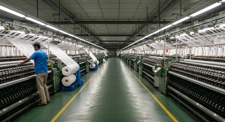 Fototapeta premium Transforming the Textile Industry: Advanced Machinery and Equipment in Fabric Production and Weaving Processes Empower Workers