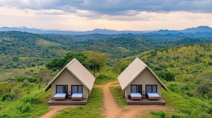 Serene glamping tents in lush green landscapes.