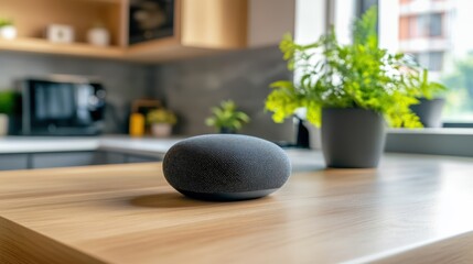 Smart speaker on kitchen table with plants.
