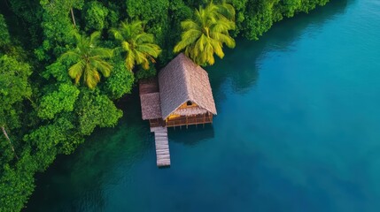 Serene wooden hut by tranquil blue water.
