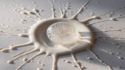 Abstract splash of white viscous liquid with glass sphere accentuating texture