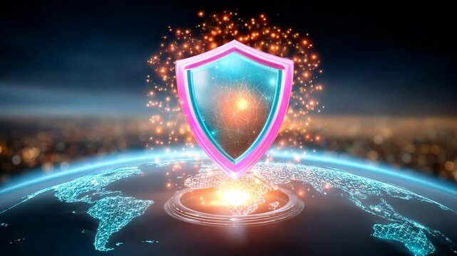 A futuristic digital shield over a glowing globe, symbolizing cybersecurity and protection in the virtual world