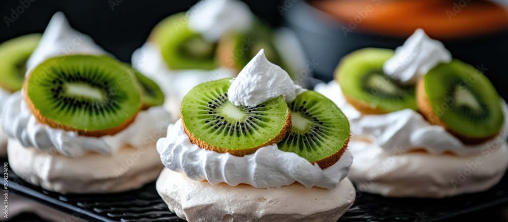 Poster close up of meringue nests topped with whipped cream and kiwi slices on a dark background plate view