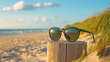 Stylish sunglasses on a beach at sunset.