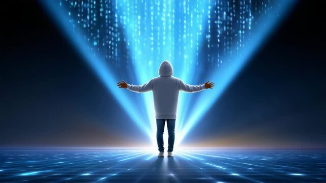 A person stands with arms outstretched in a futuristic setting, illuminated by beams of light and digital binary code. This scene represents innovation and the digital age.