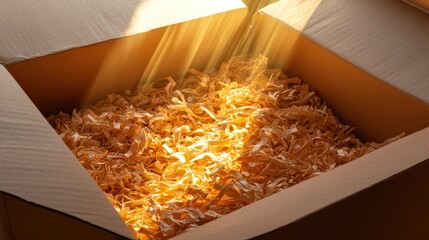 Sunlight illuminates an open cardboard box.