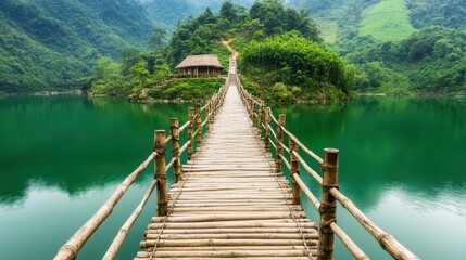 Tranquil wooden bridge over serene green lake.