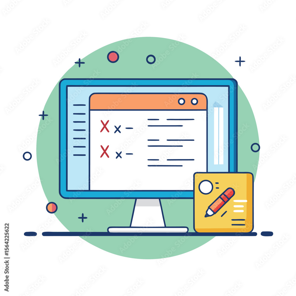 Fototapete computer monitor displaying feedback and notepad with pencil in modern vector illustration