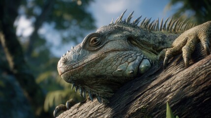  Detailed, high-res cinematic realism: A large iguana resting on a sturdy tree trunk, viewed from a slight elevated angle. Softly blurred, deep natural panorama below. Sharp.
