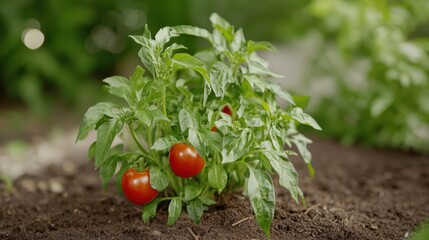 Vibrant tomato plant growing in rich soil.