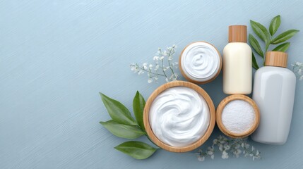 Cream and Lotion with Flowers on Blue Surface