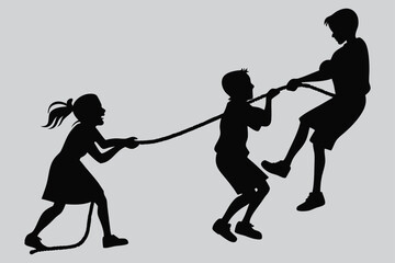 Group of children doing tug of war silhouette vector design art and illustration