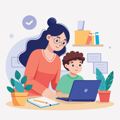 Mother and son working together at a desk using a laptop computer illustration