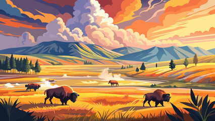 Wild bison roam across golden fields in Yellowstone National Park, while steam rises gently from distant geysers beneath a sky brushed in pastel hues.