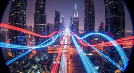 Obraz premium Futuristic Cityscape Abstract Background with Flowing Light Trails and Skyscrapers at Night