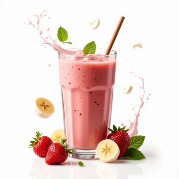 Smoothie o batido de fresa con pl&aacute;tano con popote, splash y pedazos de fruta esparcidas en el aire y en la superficie. Sobre fondo blanco. 