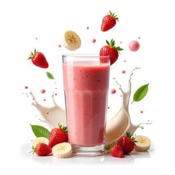 Smoothie o batido de fresa con pl&aacute;tano, splash y pedazos de fruta esparcidas en el aire y en la superficie. Sobre fondo blanco. 