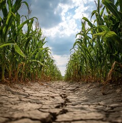 An illustration of a dry dirt path winding through tall, green corn stalks, concept of climate change with a dry cracks in the ground