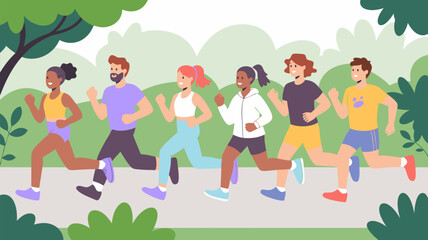 Fototapeta premium Funny runner vector of diverse group happily jogging outdoors in a park. Suitable for fitness, running, exercise, group activities illustrations.