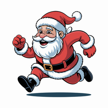 Funny vector Santa Claus sprinting with gifts, perfect for Christmas designs, greeting cards, posters, and holidaythemed projects, bringing festive cheer.