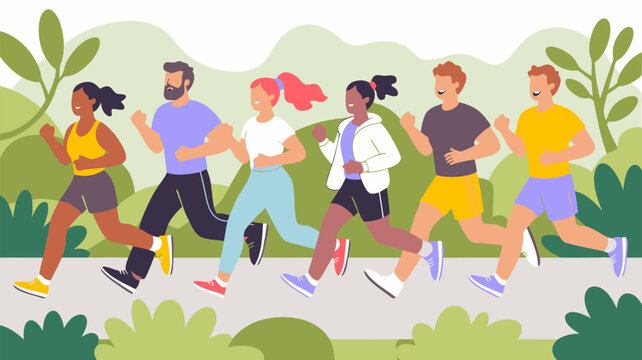 Funny runner vector of diverse group happily jogging outdoors in a park. Suitable for fitness, running, exercise, group activities illustrations.