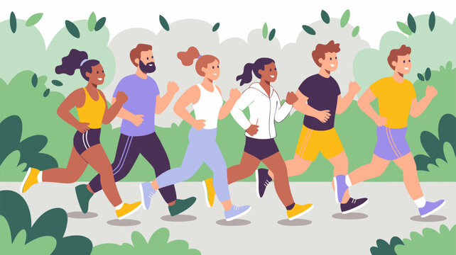 Funny runner vector of diverse group happily jogging outdoors in a park. Suitable for fitness, running, exercise, group activities illustrations.