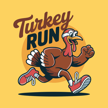 Funny runner vector of a cartoon turkey sprinting hilariously in a thanksgiving turkey race. Suitable for thanksgivingthemed designs and marketing materials.