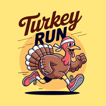 Funny runner vector of a cartoon turkey sprinting hilariously in a thanksgiving turkey race. Suitable for thanksgivingthemed designs and marketing materials.