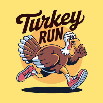 Funny runner vector of a cartoon turkey sprinting hilariously in a thanksgiving turkey race. Suitable for thanksgivingthemed designs and marketing materials.