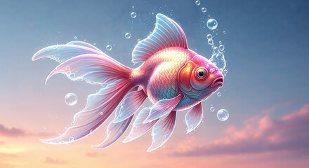 Fototapeta premium Goldfish swimming in the air with bubbles at sunset