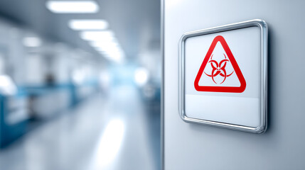 A biohazard warning sign is displayed in a sterile, blurred hospital hallway, indicating potential contamination or hazardous materials in the area.