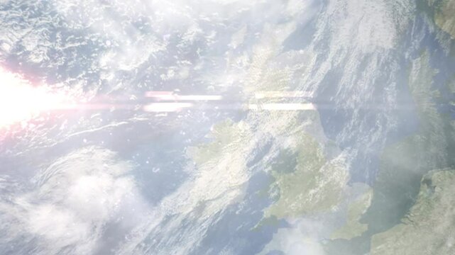 Earth zoom in from space and focus on Derry, Northern Ireland, Londonderry, Great Britain. Background for travel intro or blog. Satellite view. 3D style Animation. Images from NASA.