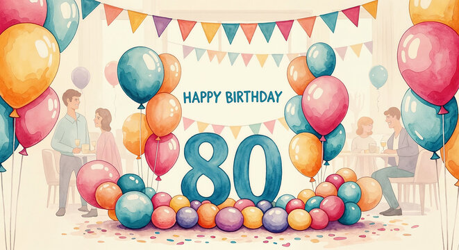 Celebrating 80th birthday with balloons and festive decorations - Powered by Adobe