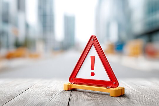 A red triangular warning sign with an exclamation mark stands on a wooden surface against a blurred urban background.