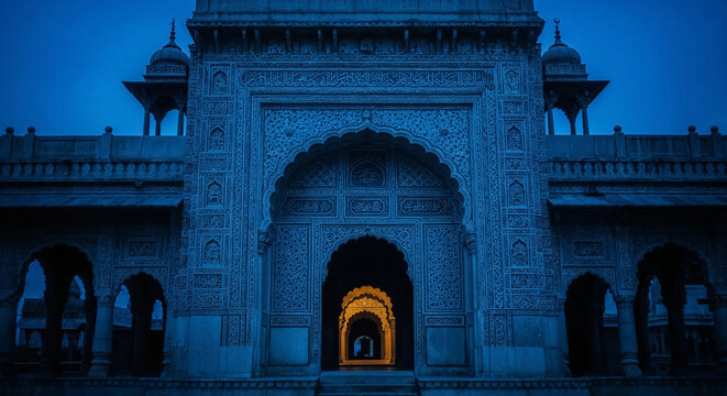 Illuminated arches of chota imambara creating a mystical ambiance at twilight
