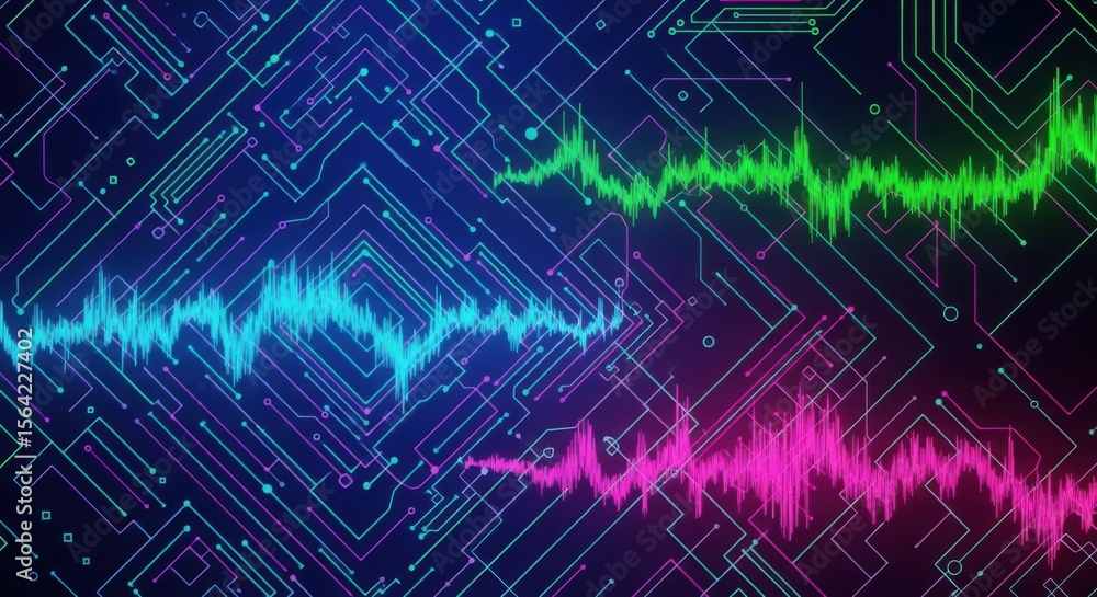 Poster abstract background with sound waves and circuit board pattern