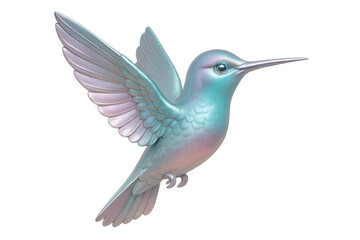 Vibrant hummingbird hovering, wings extended, revealing shimmering plumage against clean white backdrop