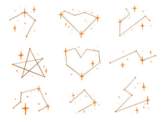Hand Drawn Star Constellation Symbol. A collection of 9 hand drawn constellation icons featuring stars hearts lines and geometric patterns. Perfect for celestial maps and cosmic themed designs
