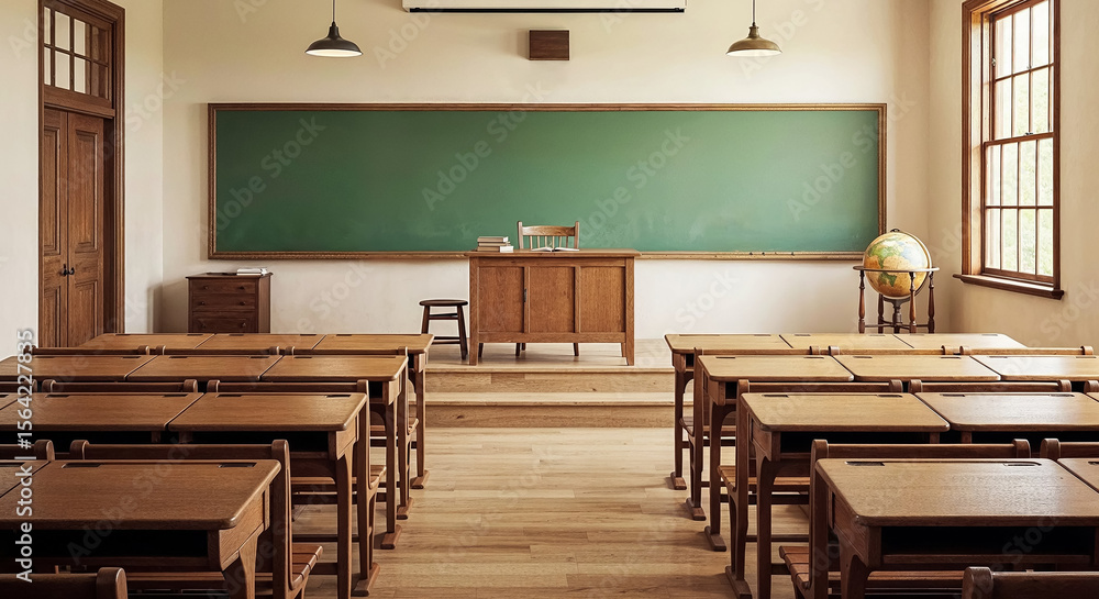 Poster empty classroom with wooden desks and chalkboard awaiting students