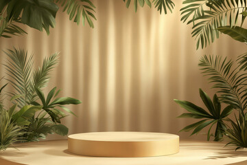 Beige round product podium platform with tropical foliage