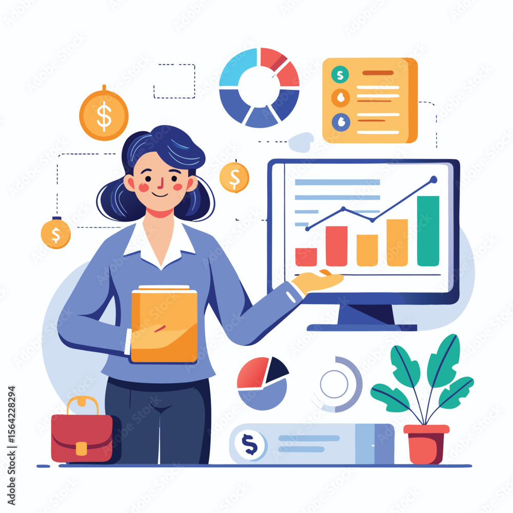 Poster businesswoman presenting financial data analysis on computer screen with various charts and graphs