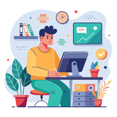 A man working at a desk in a stylish modern illustrated workspace