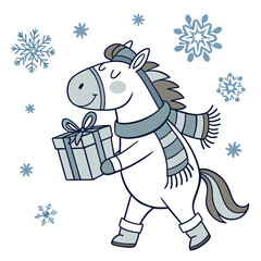 Playful Gentle Wild horse design, styled with carrying a gift box and Frosty Winter shades in a Cozy winter setting