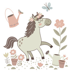 Spring Garden colored Wild horse with a Amused touch, placed in a Spring garden theme and styled with with a flower crown