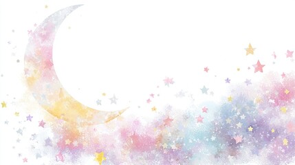 Colorful moon and stars backdrop for a children's book, with watercolor texture effect