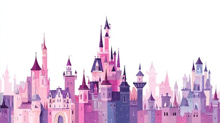 Obraz premium Watercolor pink castle city skyline background ideal for girls' room decor and fairytales