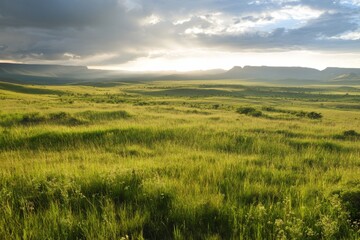 Scenic sunset over green grassland fields with rolling hills and dramatic sky