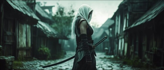A warrior woman with a sword in a historic street